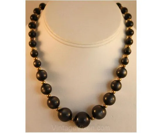 1960s Charcoal Grey Pearl Necklace & Coil Bracelet - Secretary Style Demi Parure - Fall - Gray Plastic Gold Metal Beads - Early 60s Classic