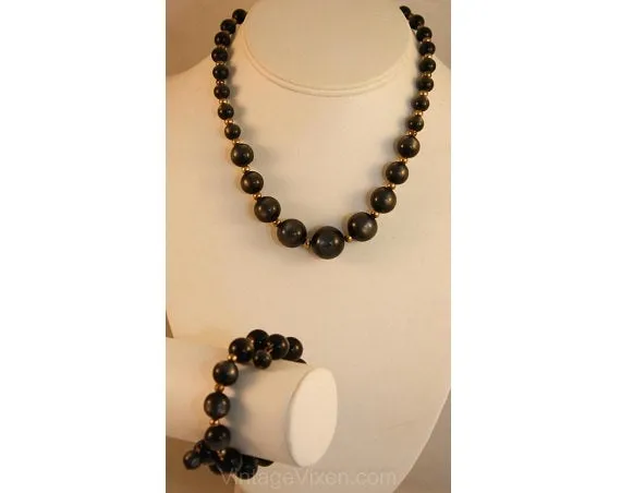 1960s Charcoal Grey Pearl Necklace & Coil Bracelet - Secretary Style Demi Parure - Fall - Gray Plastic Gold Metal Beads - Early 60s Classic