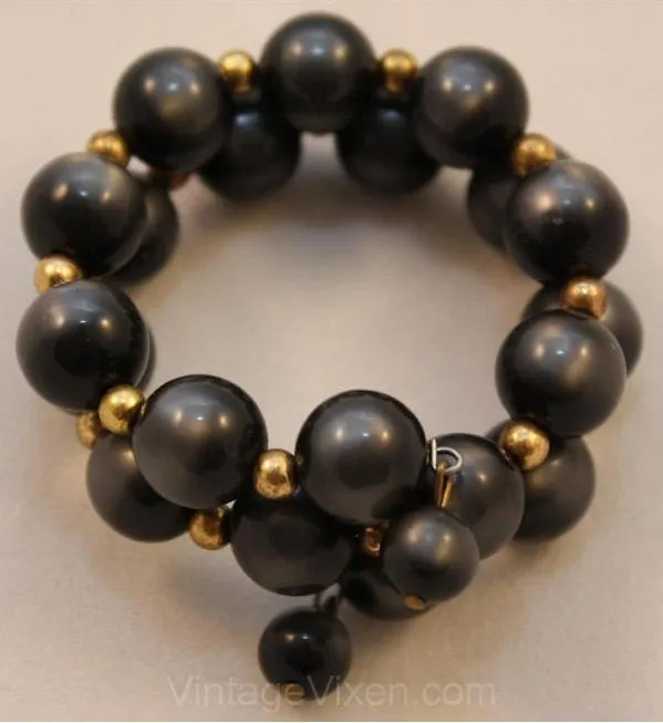 1960s Charcoal Grey Pearl Necklace & Coil Bracelet - Secretary Style Demi Parure - Fall - Gray Plastic Gold Metal Beads - Early 60s Classic