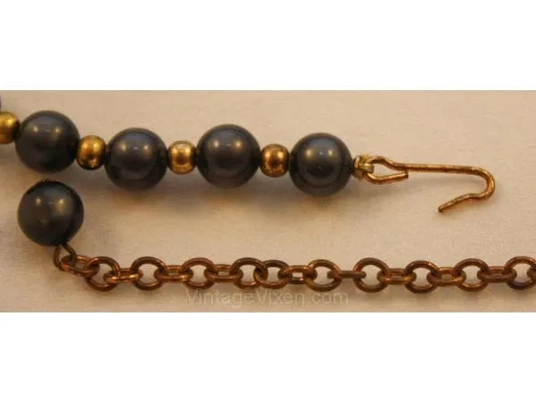 1960s Charcoal Grey Pearl Necklace & Coil Bracelet - Secretary Style Demi Parure - Fall - Gray Plastic Gold Metal Beads - Early 60s Classic