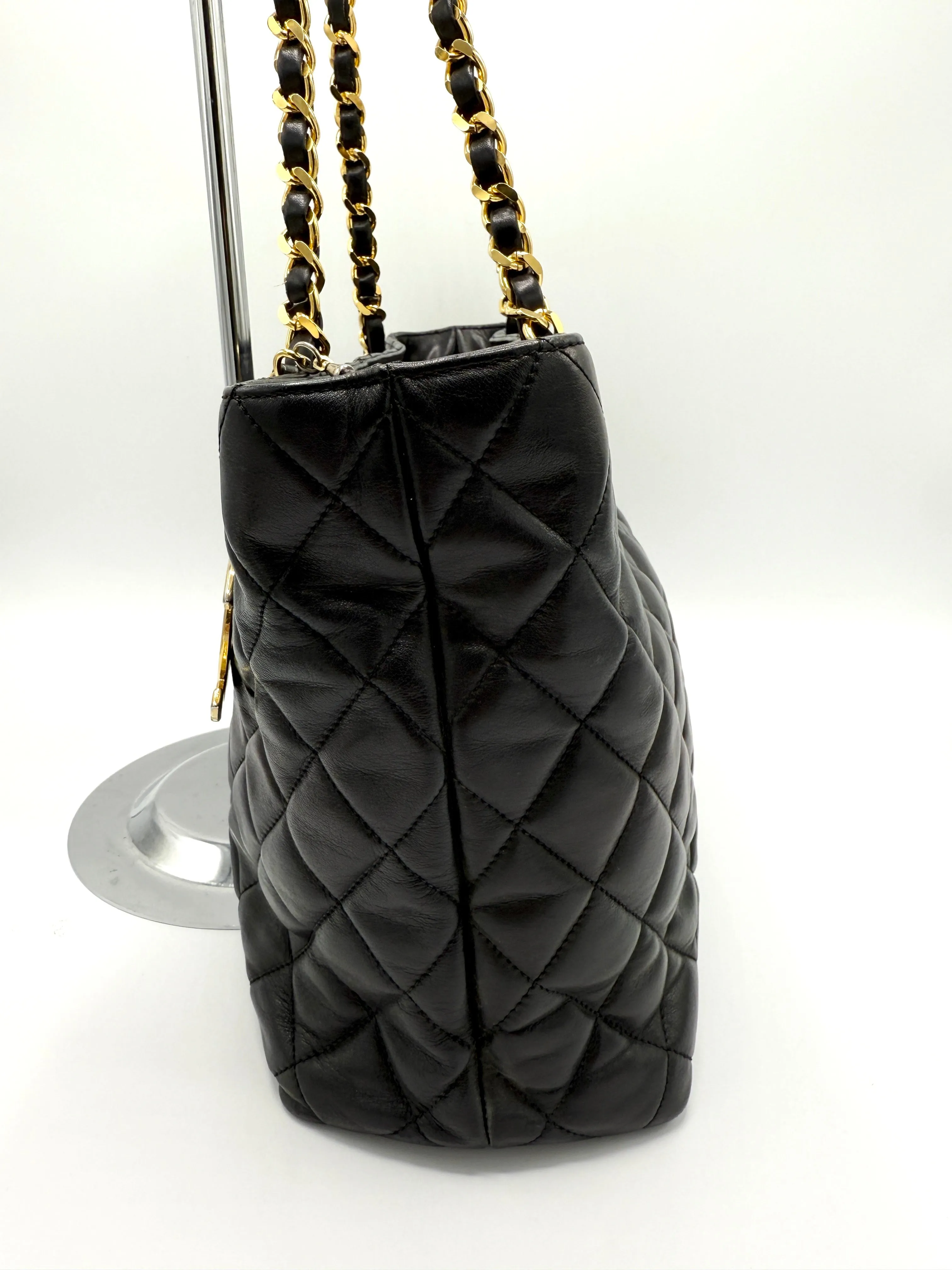 24k Black Quilted Lambskin CC Medallion Chain Tote