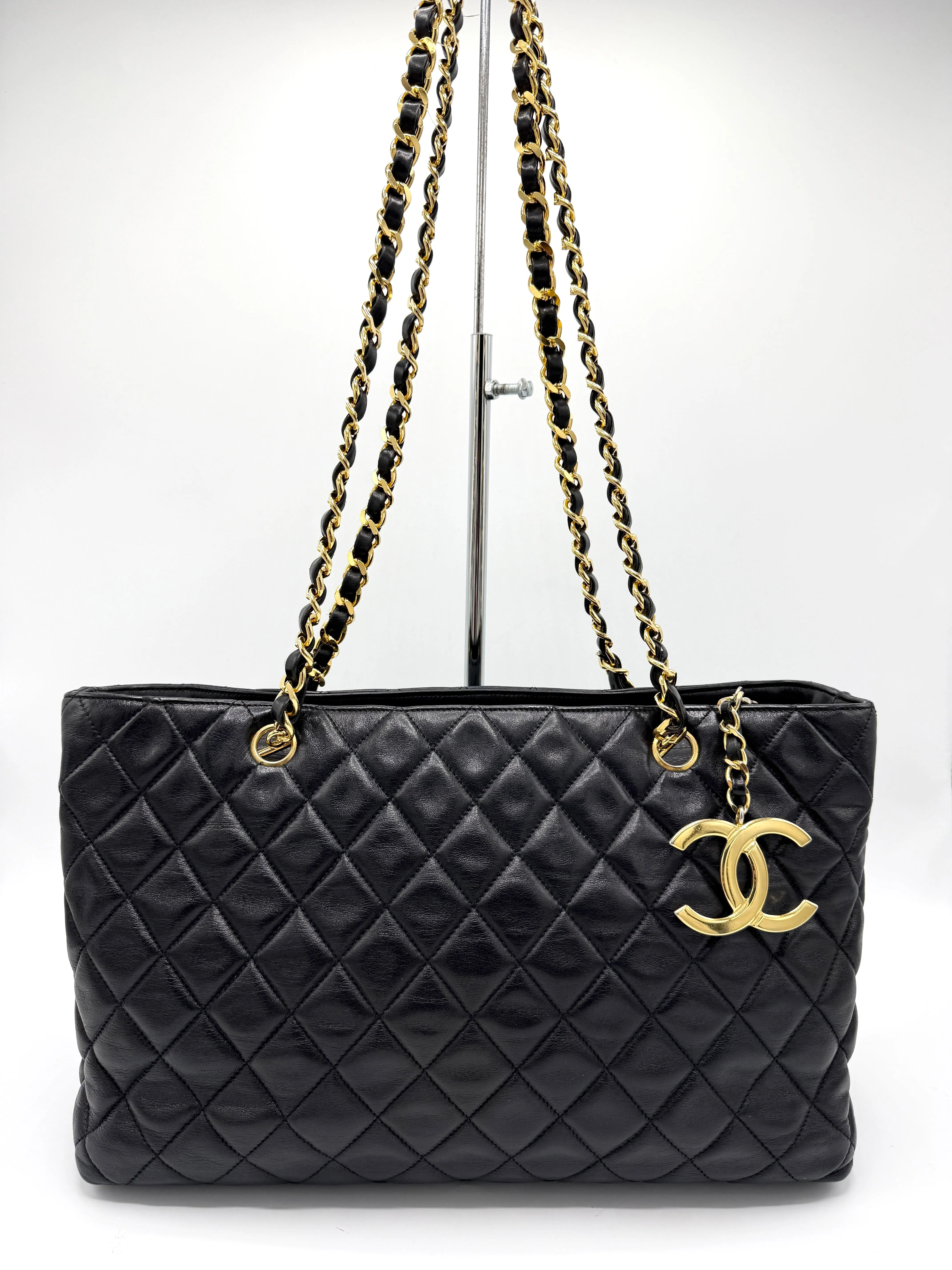 24k Black Quilted Lambskin CC Medallion Chain Tote
