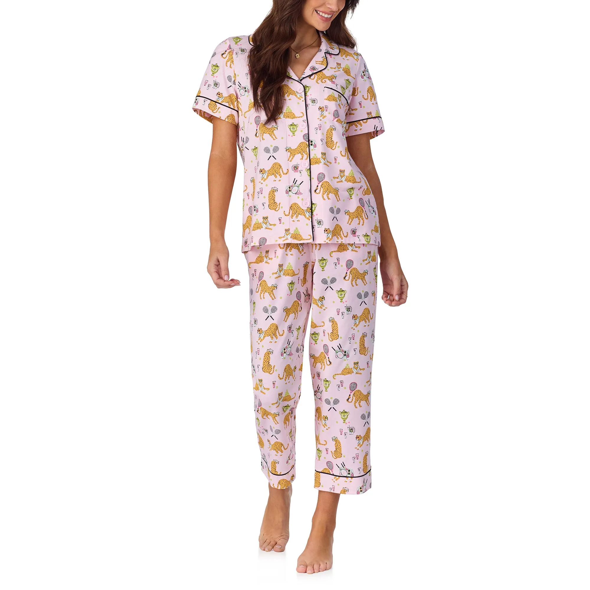 BedHead S/Slv Classic Stretch Jersey Crop PJ Set - Tennis Cheetahs
