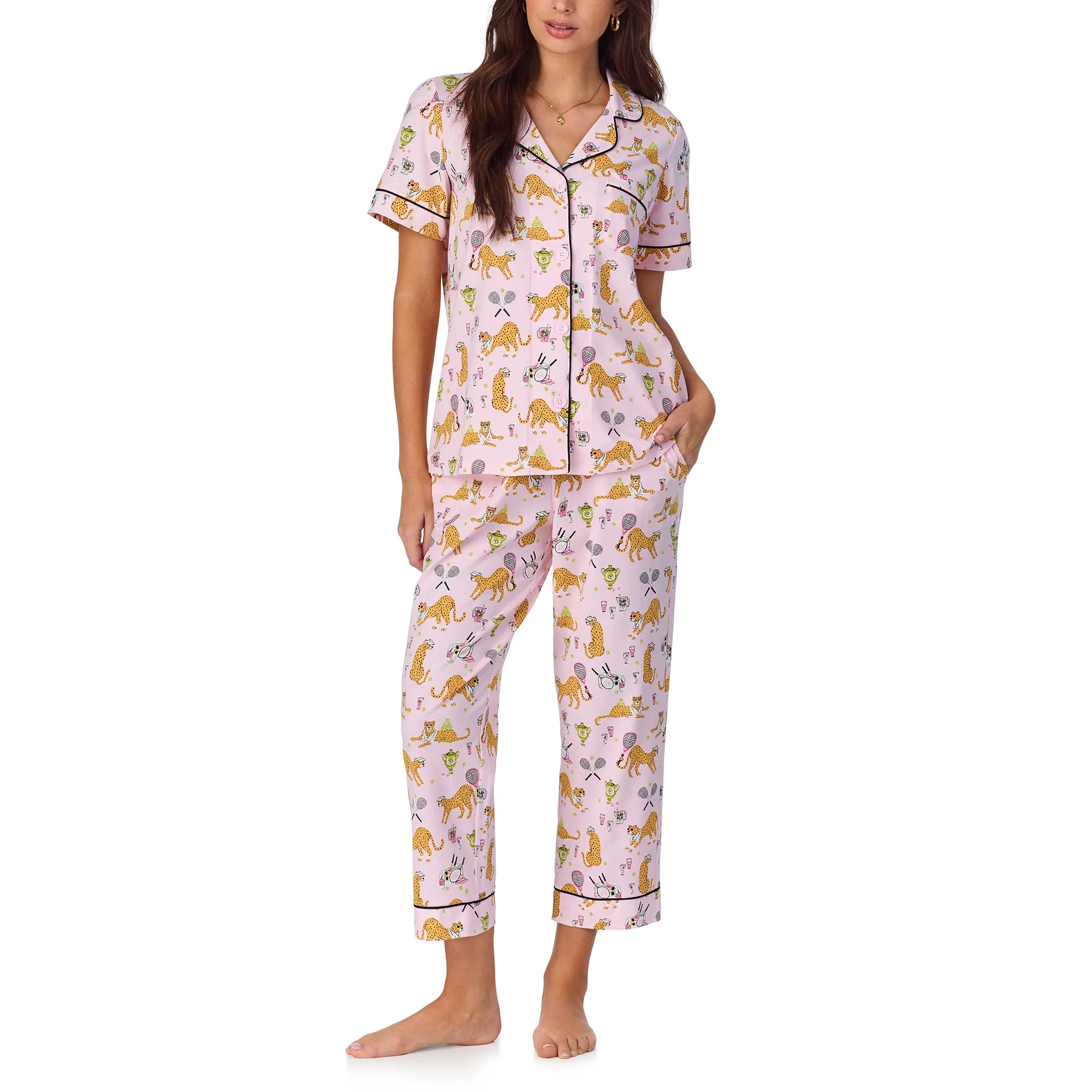BedHead S/Slv Classic Stretch Jersey Crop PJ Set - Tennis Cheetahs
