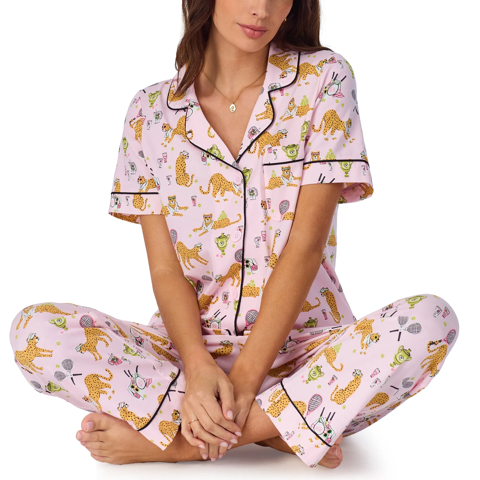 BedHead S/Slv Classic Stretch Jersey Crop PJ Set - Tennis Cheetahs