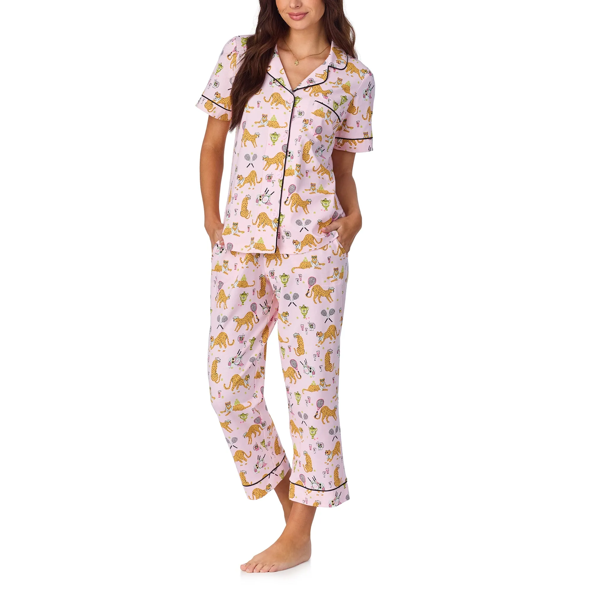 BedHead S/Slv Classic Stretch Jersey Crop PJ Set - Tennis Cheetahs