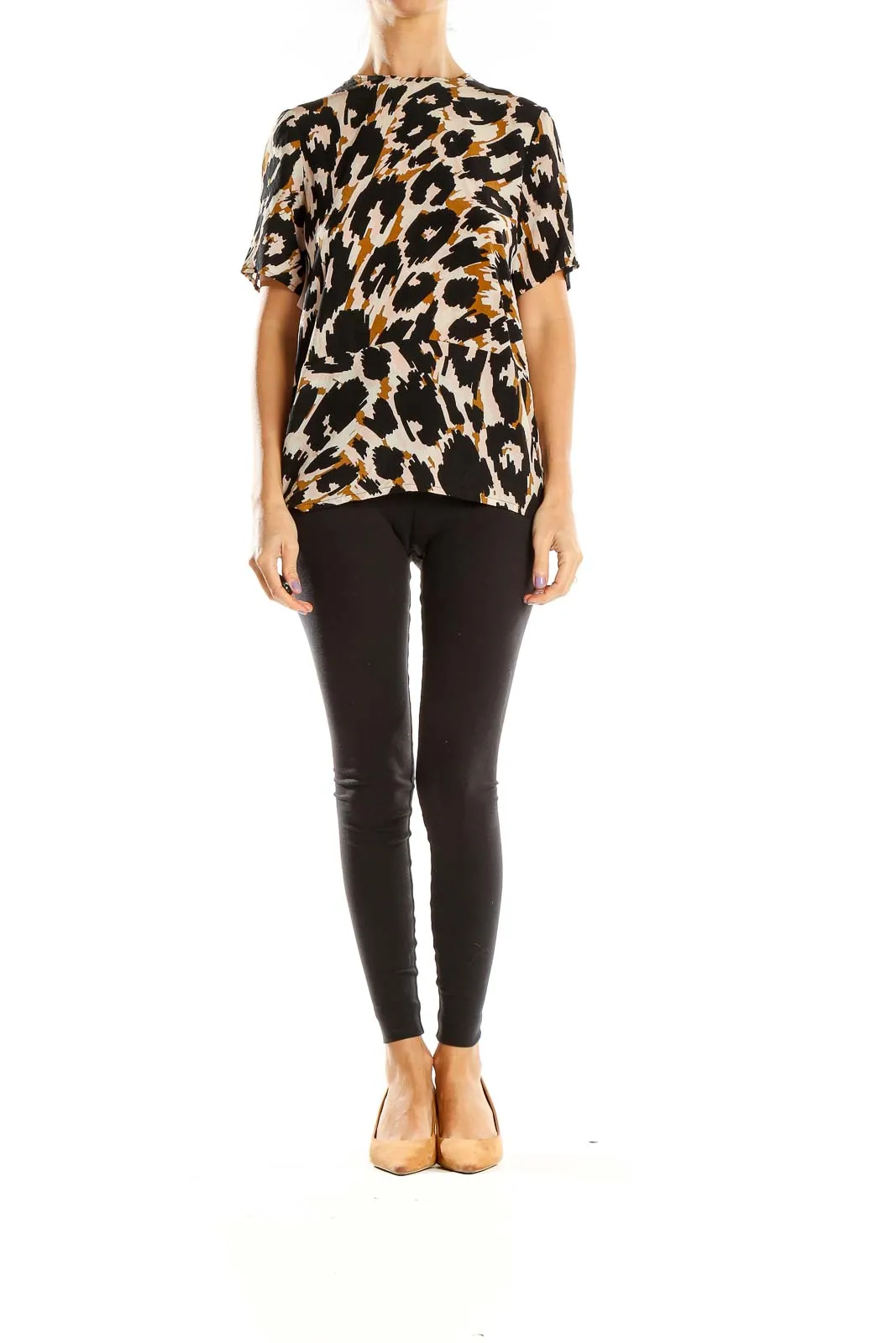 Black and Beige Animal Print Silk Top