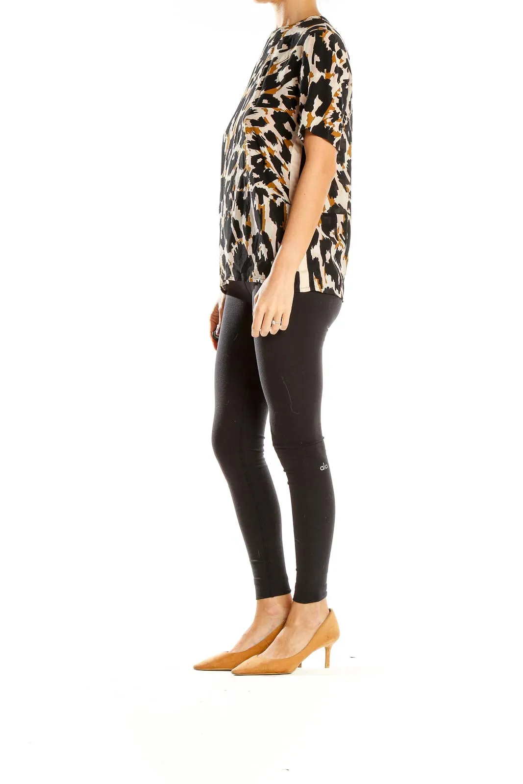 Black and Beige Animal Print Silk Top