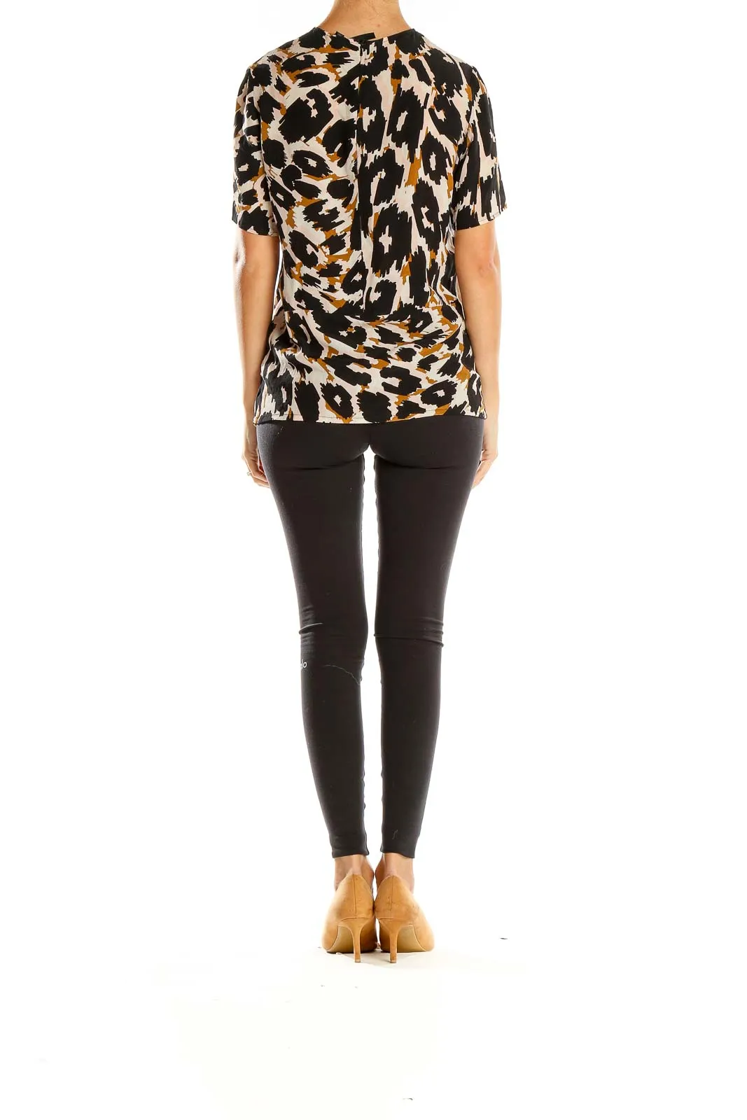 Black and Beige Animal Print Silk Top