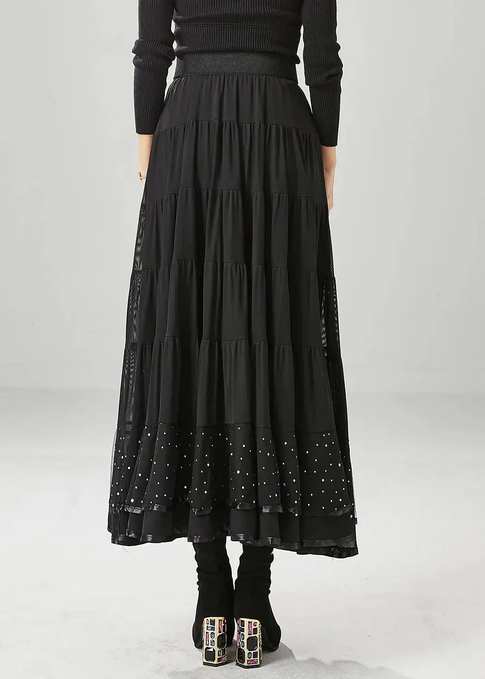 Black Patchwork Chiffon Skirts Exra Large Hem Wrinkled Fall ML1229
