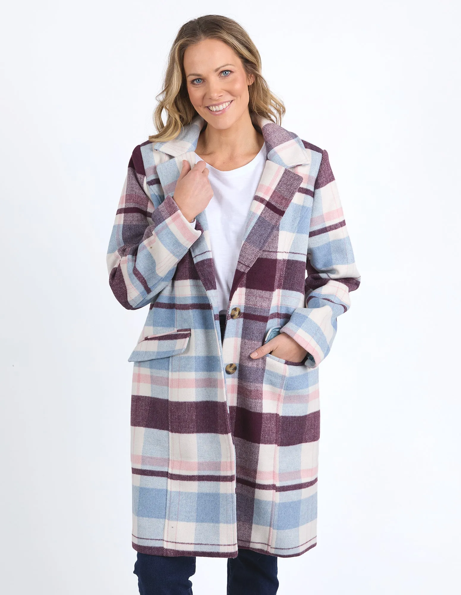 Blanche Check Coat - Steel Blue/Merlot/Geranium Check