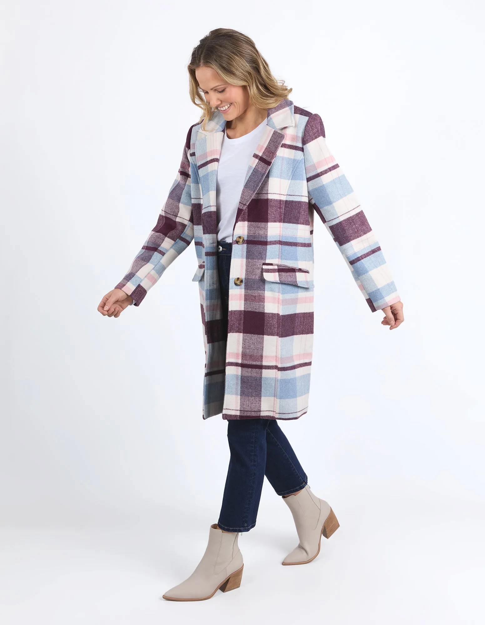 Blanche Check Coat - Steel Blue/Merlot/Geranium Check