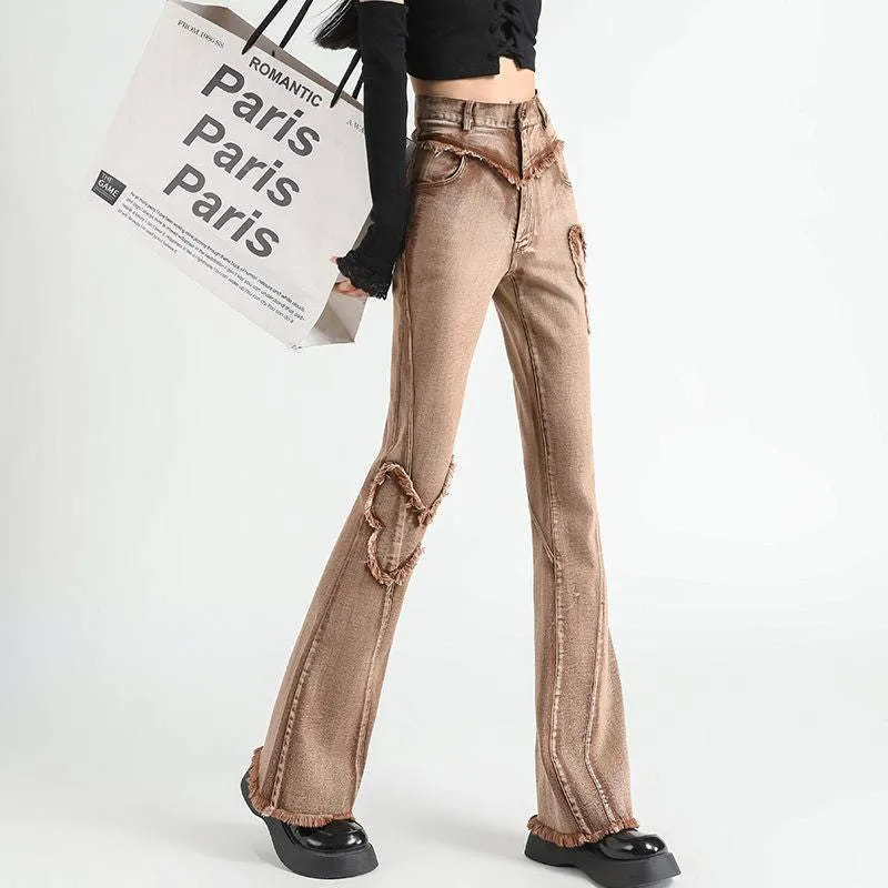 Braune E-Girl Schlaghose mit Patchwork-Schmetterling