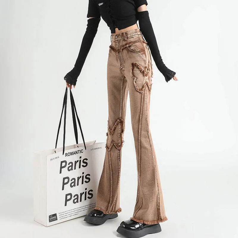 Braune E-Girl Schlaghose mit Patchwork-Schmetterling