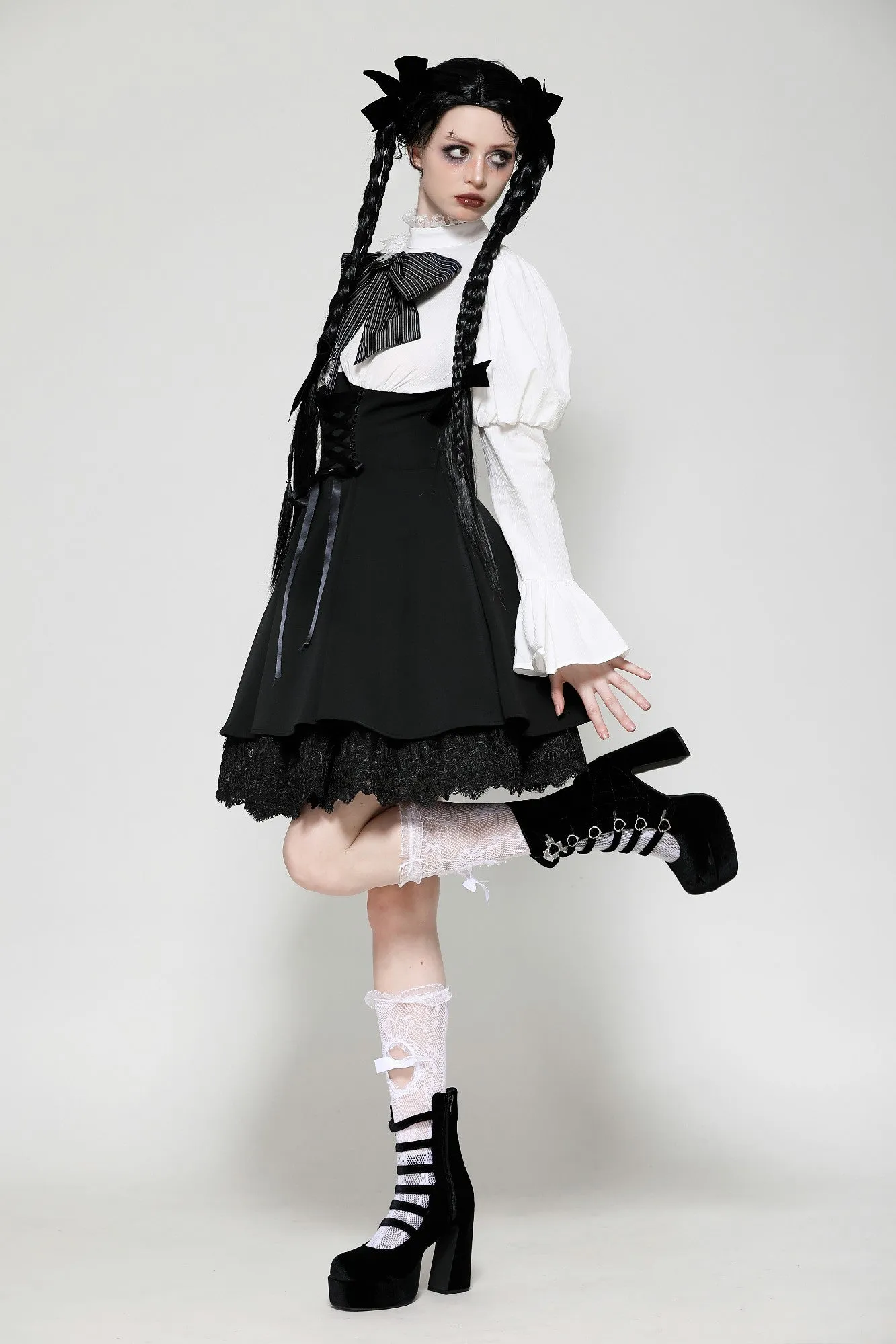 Distressed lace patchwork black and white doll dress DW1030