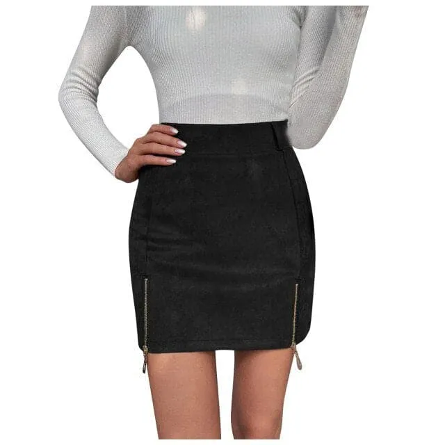 DressBetty - Women Mini Skirt Suede Zipper Bandage Slim Sexy Autumn New Korean High Waist Casual Solid A-line Slits Bodycon Skirts