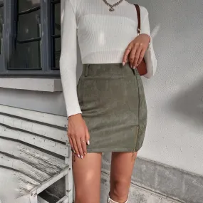 DressBetty - Women Mini Skirt Suede Zipper Bandage Slim Sexy Autumn New Korean High Waist Casual Solid A-line Slits Bodycon Skirts