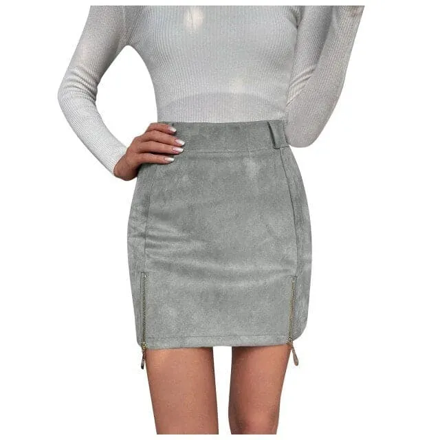 DressBetty - Women Mini Skirt Suede Zipper Bandage Slim Sexy Autumn New Korean High Waist Casual Solid A-line Slits Bodycon Skirts