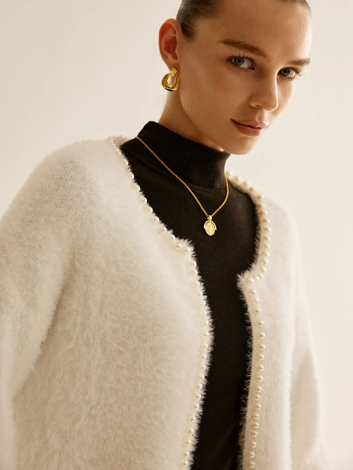 Elegant Pearl Trim Fuzzy Cardiagn