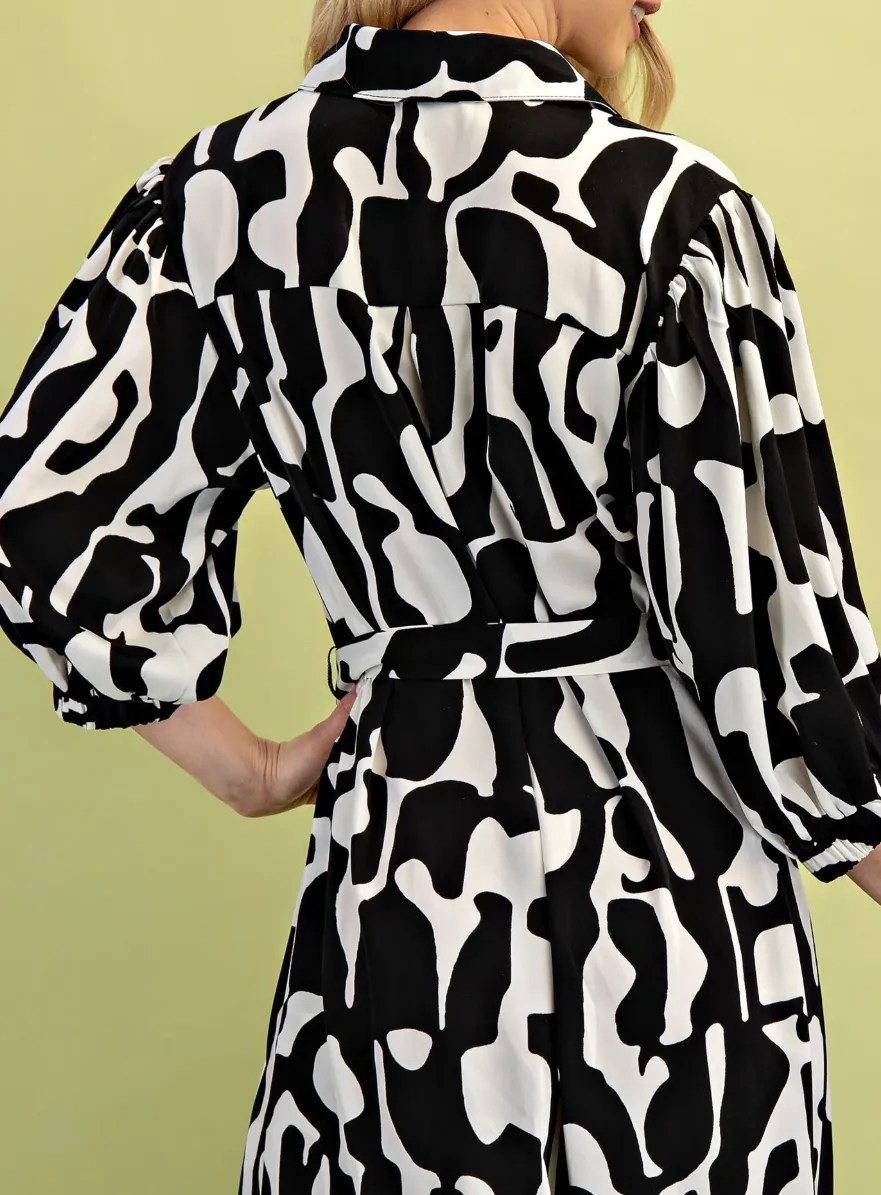 Geometric Print Button Down Shirt Dress with Waist Tie