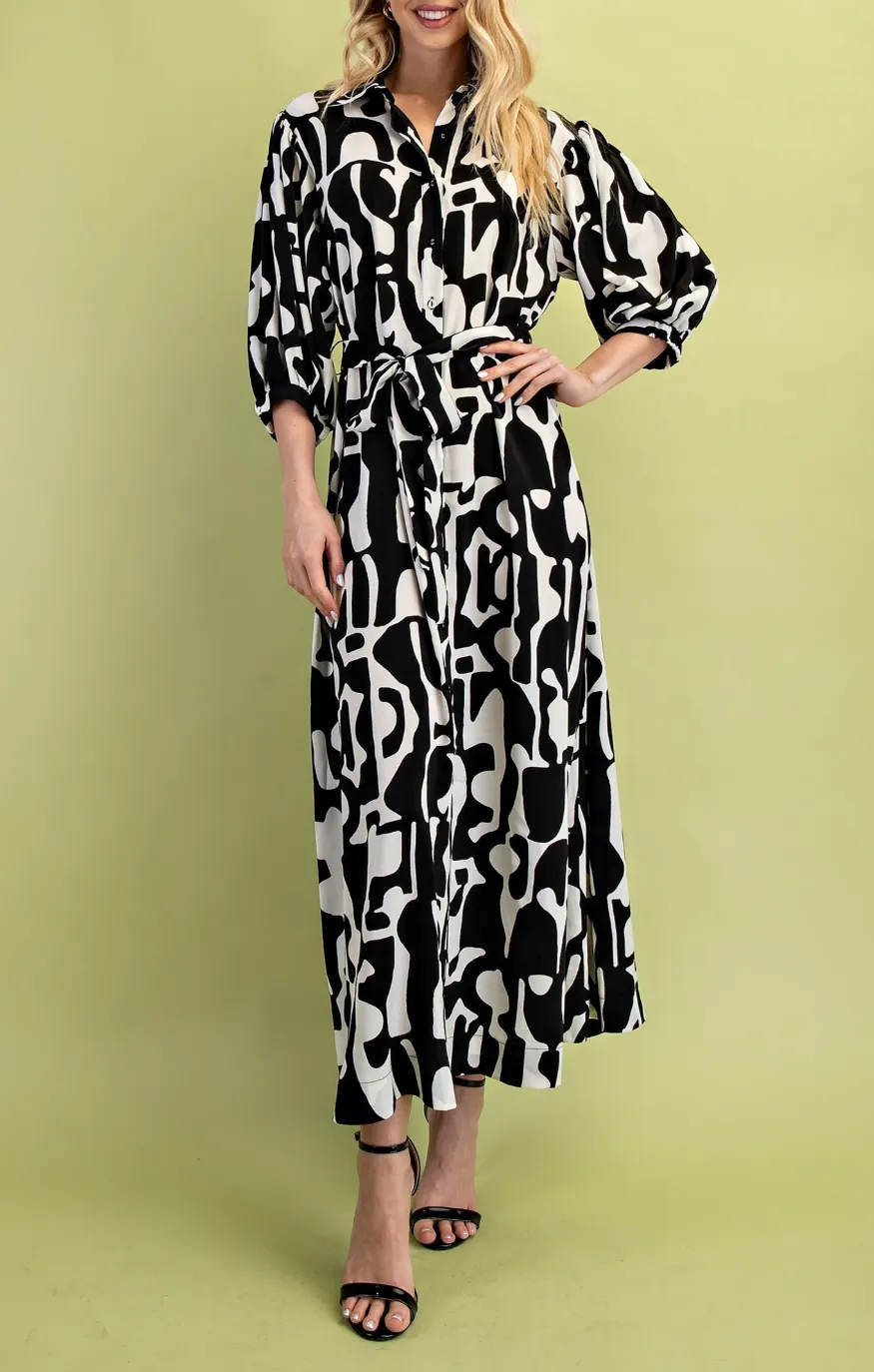 Geometric Print Button Down Shirt Dress with Waist Tie