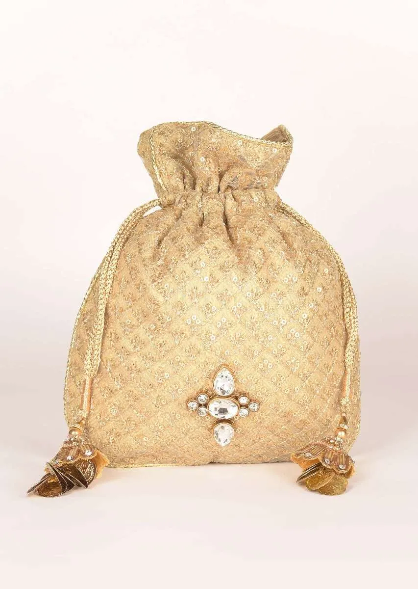 Gold Potli Bag In Zari Embroidered Net With Checks Motif Online - Kalki Fashion