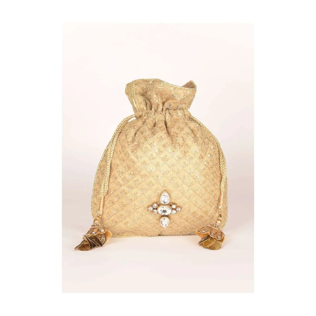 Gold Potli Bag In Zari Embroidered Net With Checks Motif Online - Kalki Fashion