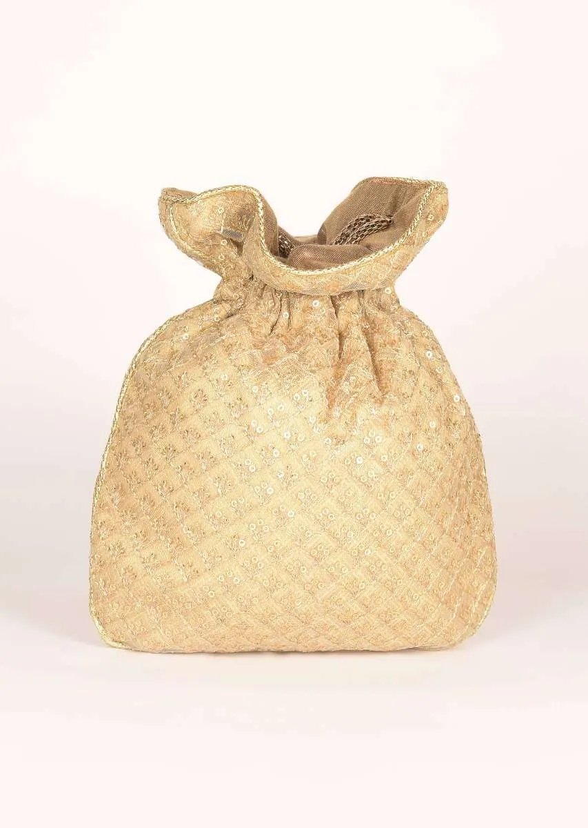 Gold Potli Bag In Zari Embroidered Net With Checks Motif Online - Kalki Fashion