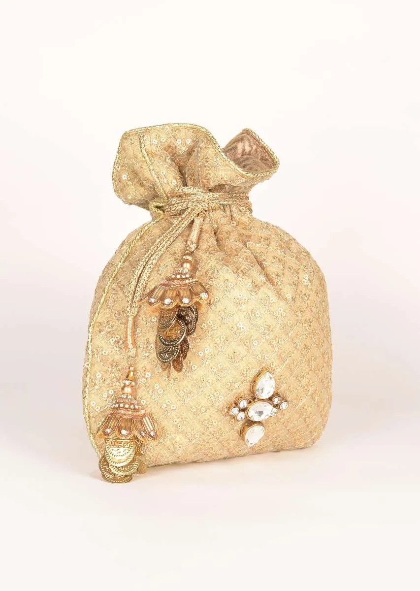 Gold Potli Bag In Zari Embroidered Net With Checks Motif Online - Kalki Fashion
