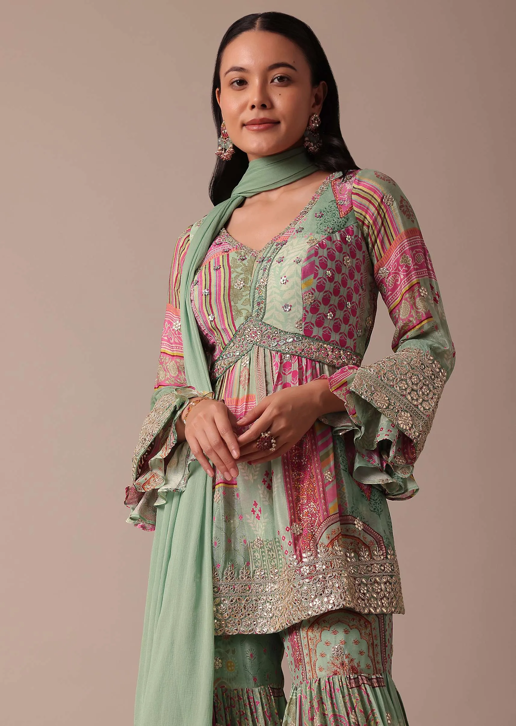 Green Chiffon Sharara Set With Printed Peplum Top