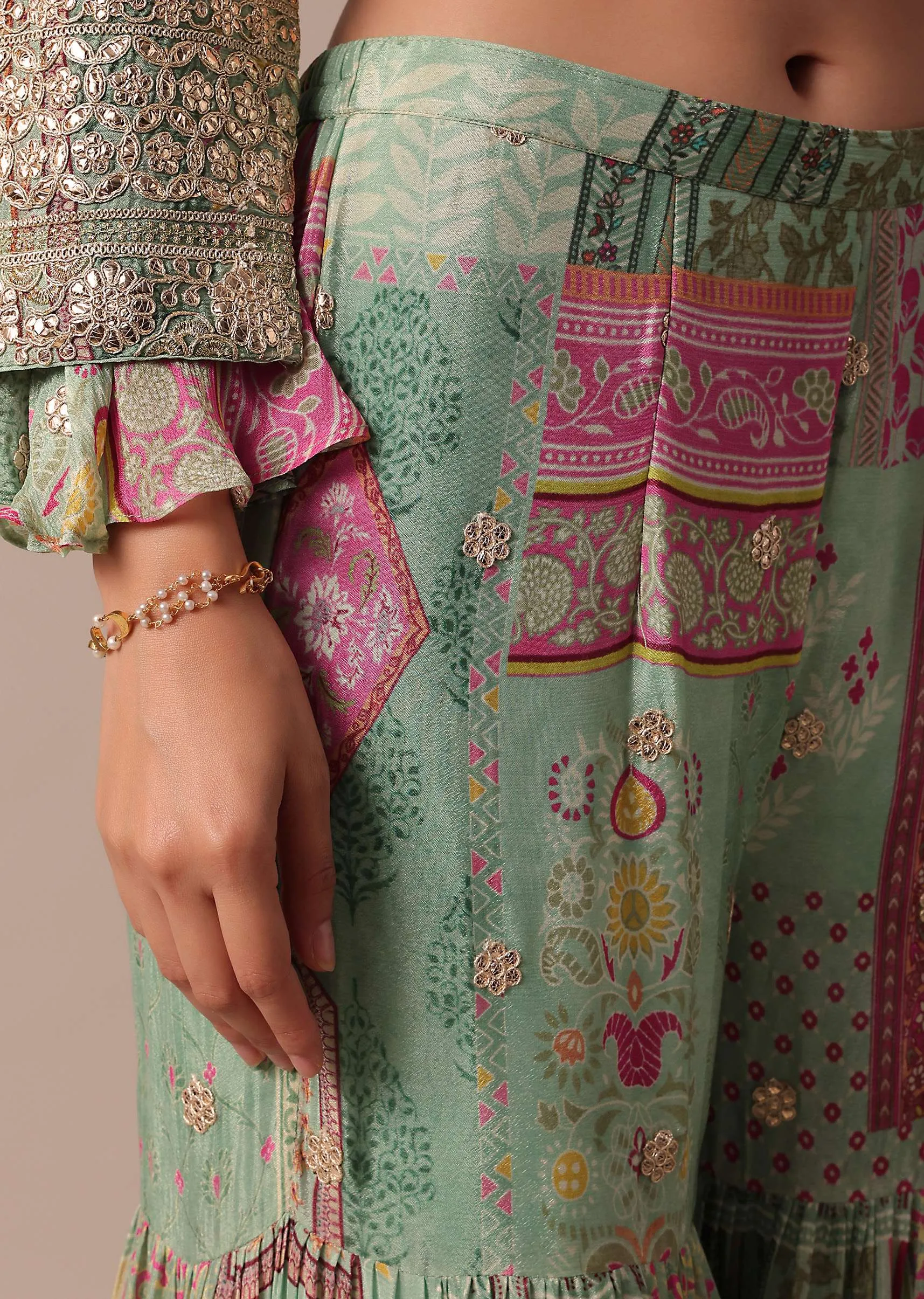 Green Chiffon Sharara Set With Printed Peplum Top