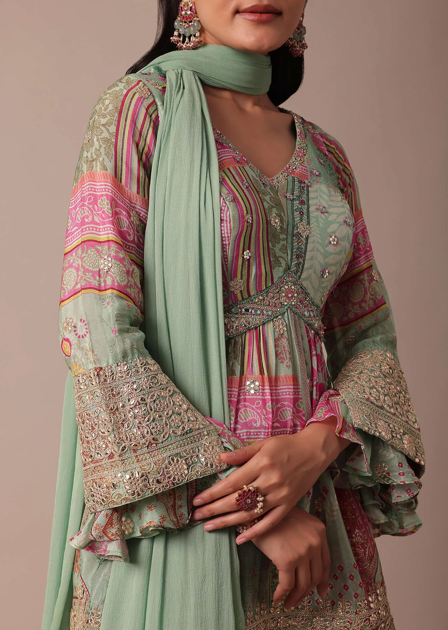 Green Chiffon Sharara Set With Printed Peplum Top