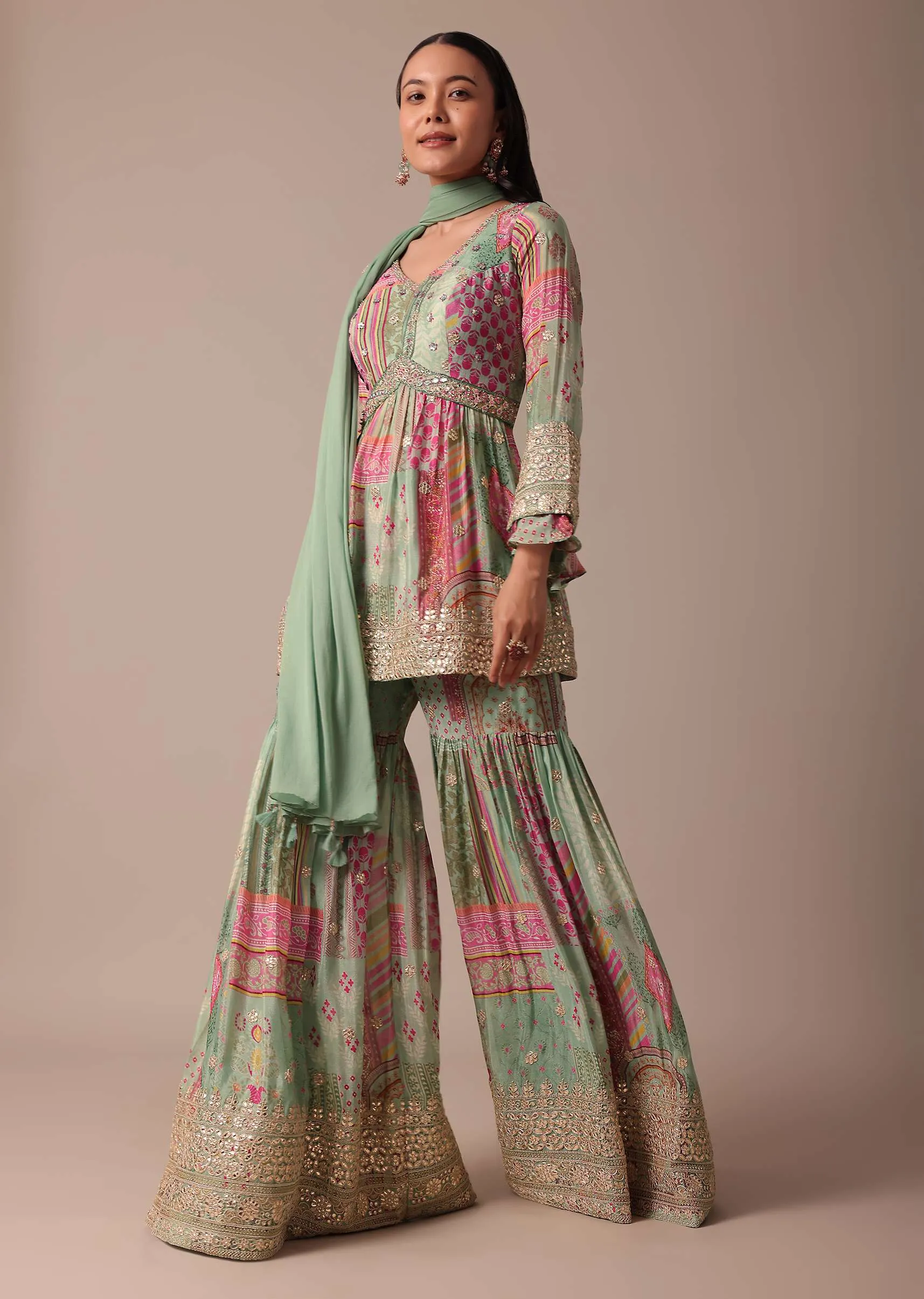 Green Chiffon Sharara Set With Printed Peplum Top