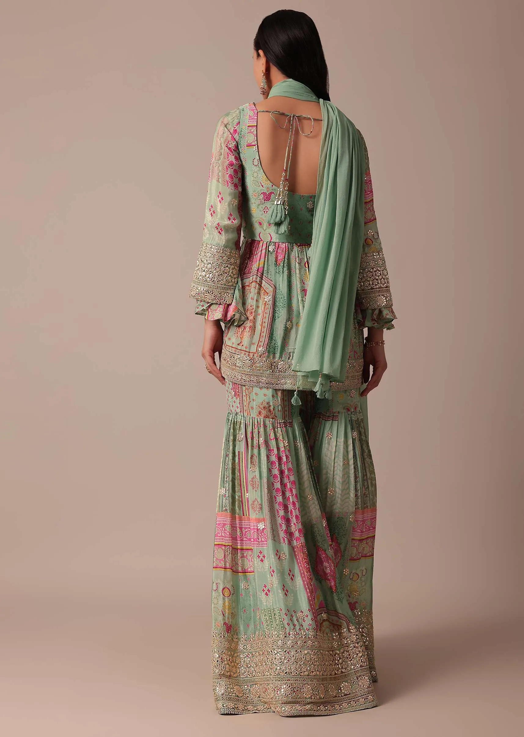 Green Chiffon Sharara Set With Printed Peplum Top