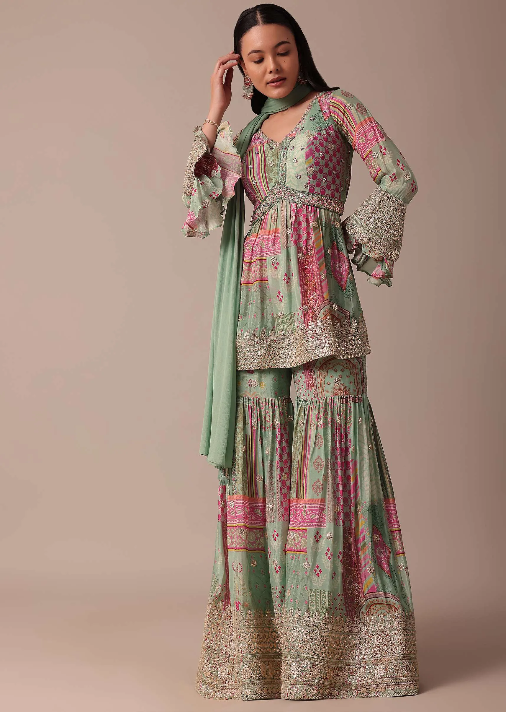 Green Chiffon Sharara Set With Printed Peplum Top