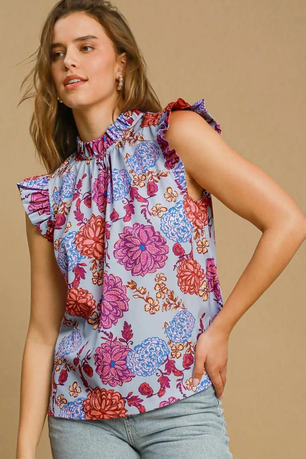 Lavender Floral Print Ruffled Cap Sleeve Blouse
