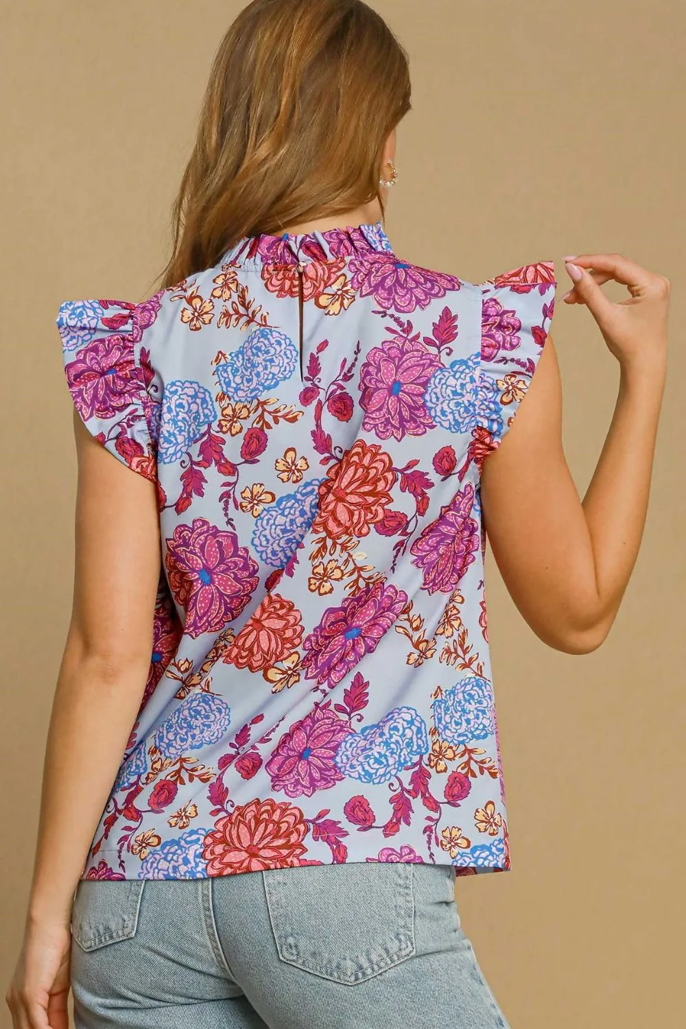 Lavender Floral Print Ruffled Cap Sleeve Blouse