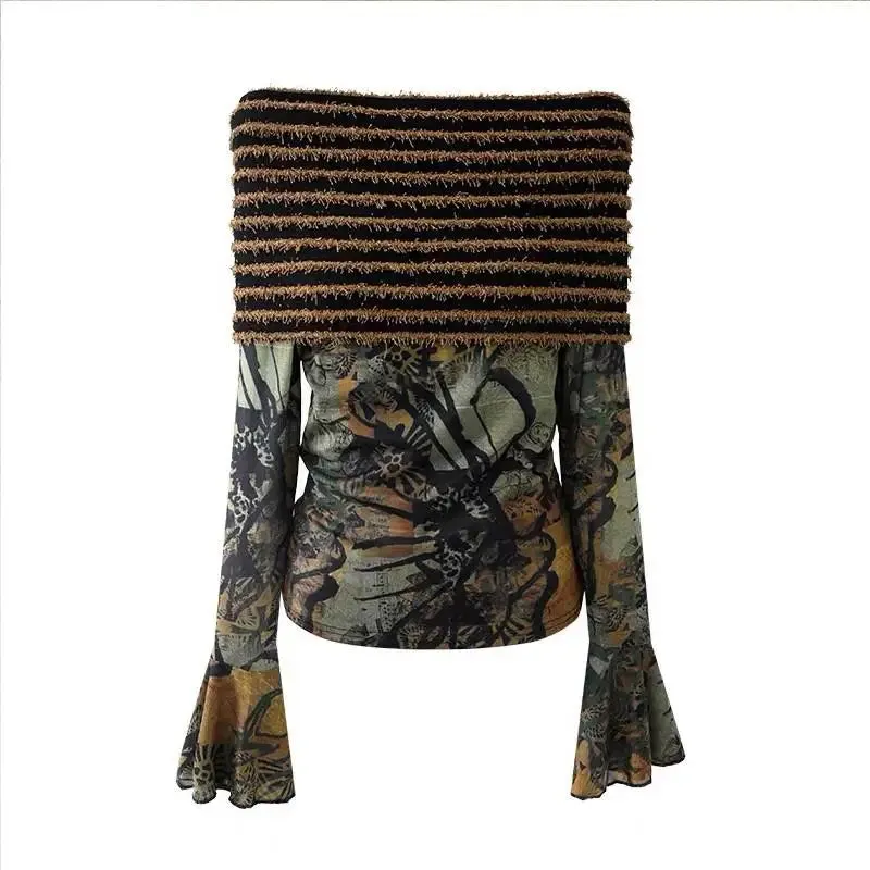Off-Shoulder Patchwork T-Shirt für Frauen Indie Ästhetik