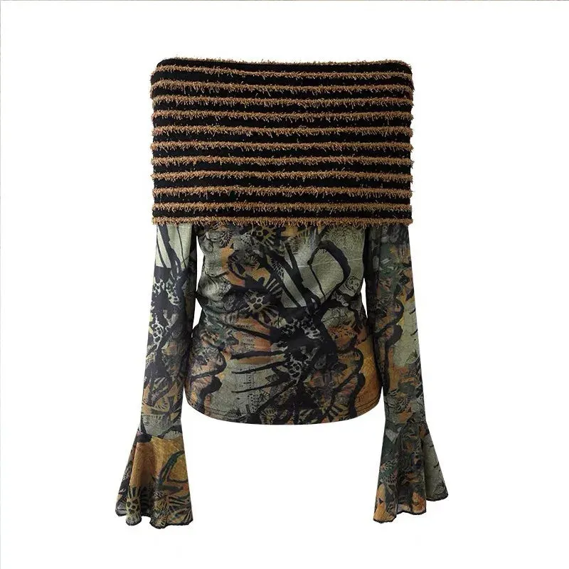 Off-Shoulder Patchwork T-Shirt für Frauen Indie Ästhetik