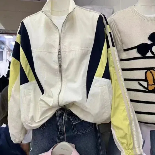 Patchwork Bomberjacke für Frauen im Y2K-Stil Zipper-Windbreaker