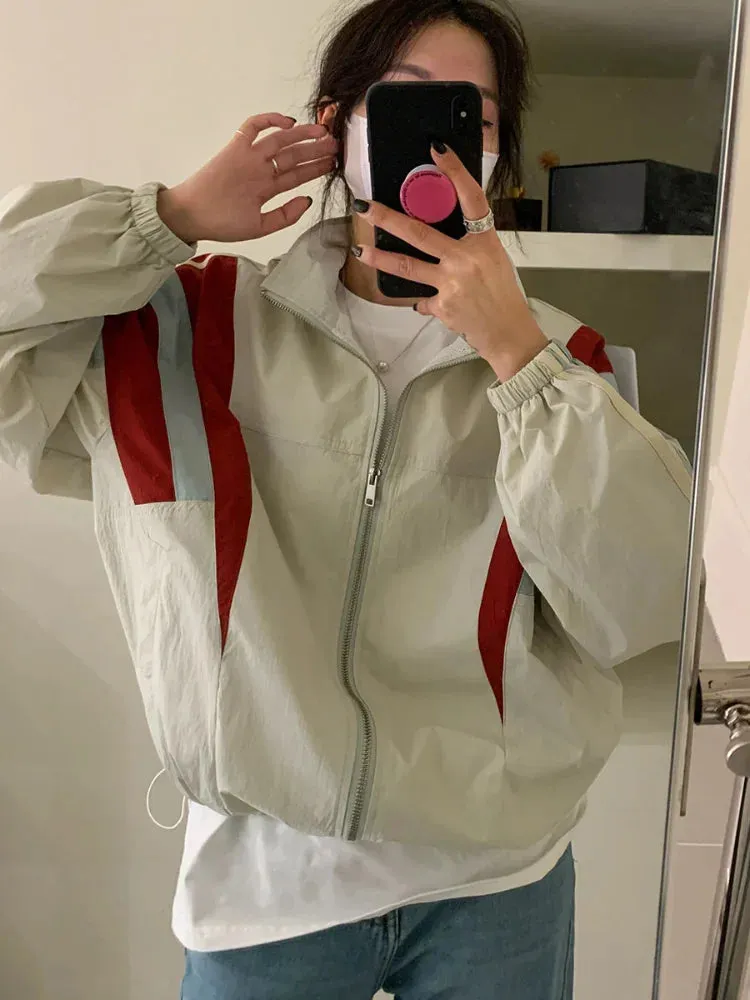 Patchwork Bomberjacke für Frauen im Y2K-Stil Zipper-Windbreaker
