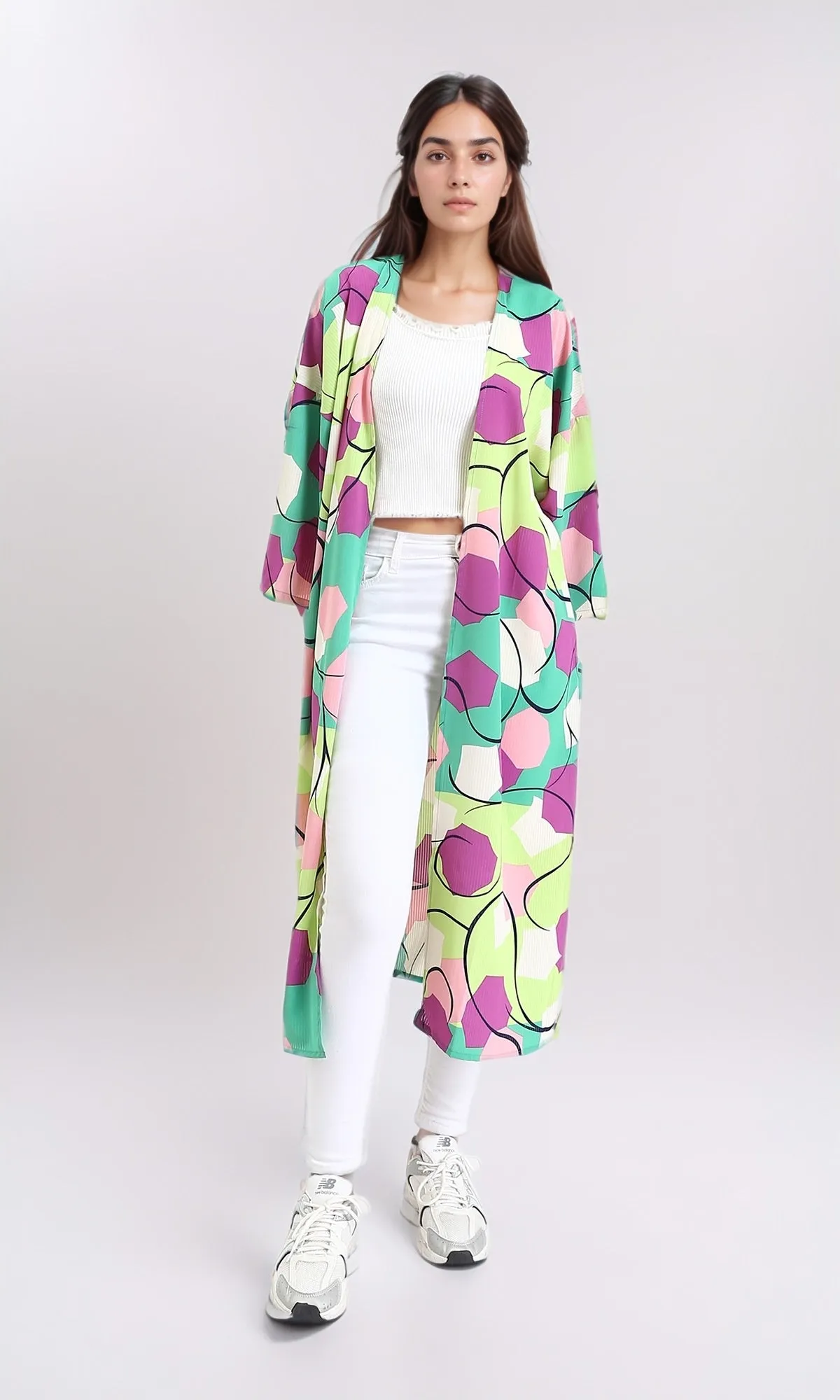 R210705 - Open Neckline Patterned Cardigan - Green & Magenta