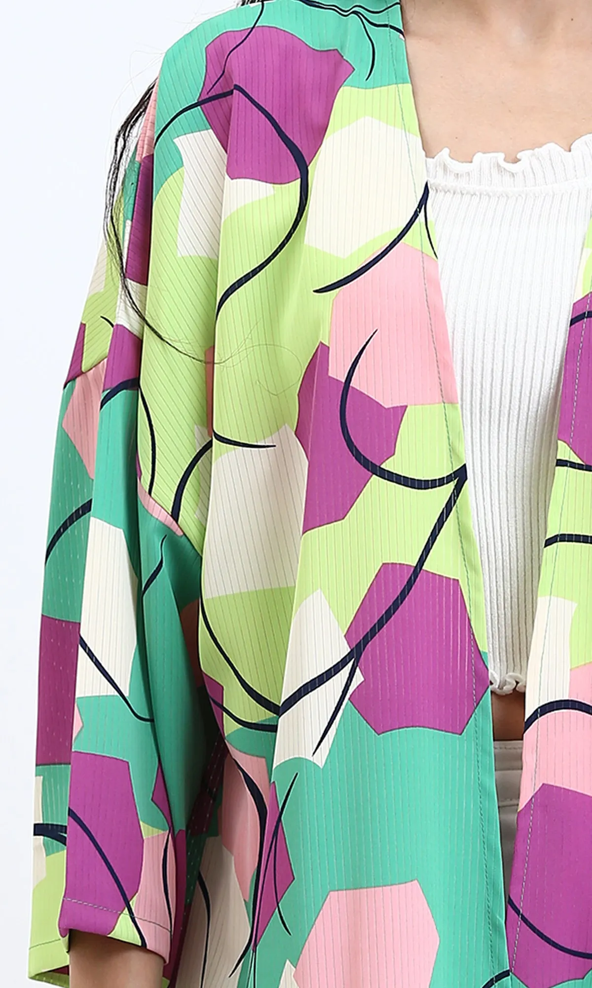 R210705 - Open Neckline Patterned Cardigan - Green & Magenta