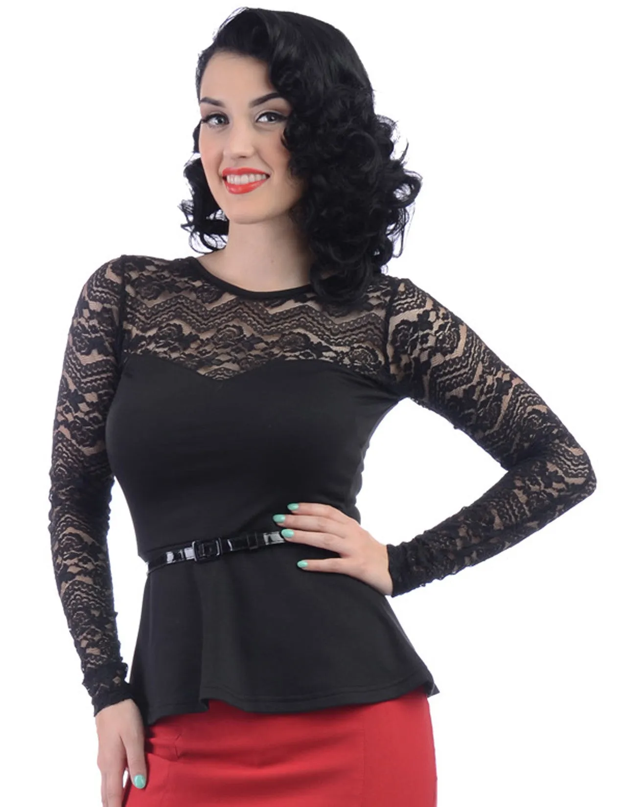 Rock Steady Black Rose Sheer Lace Long Sleeve Peplum Top with belt