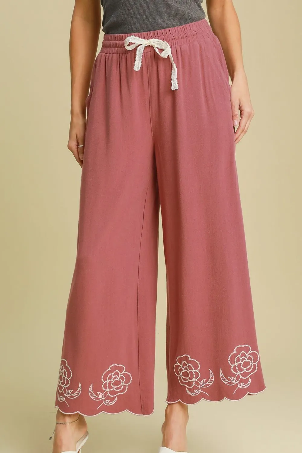 Rose Linen Blend Wide Leg Pants with Scalloped Embroidered Hem