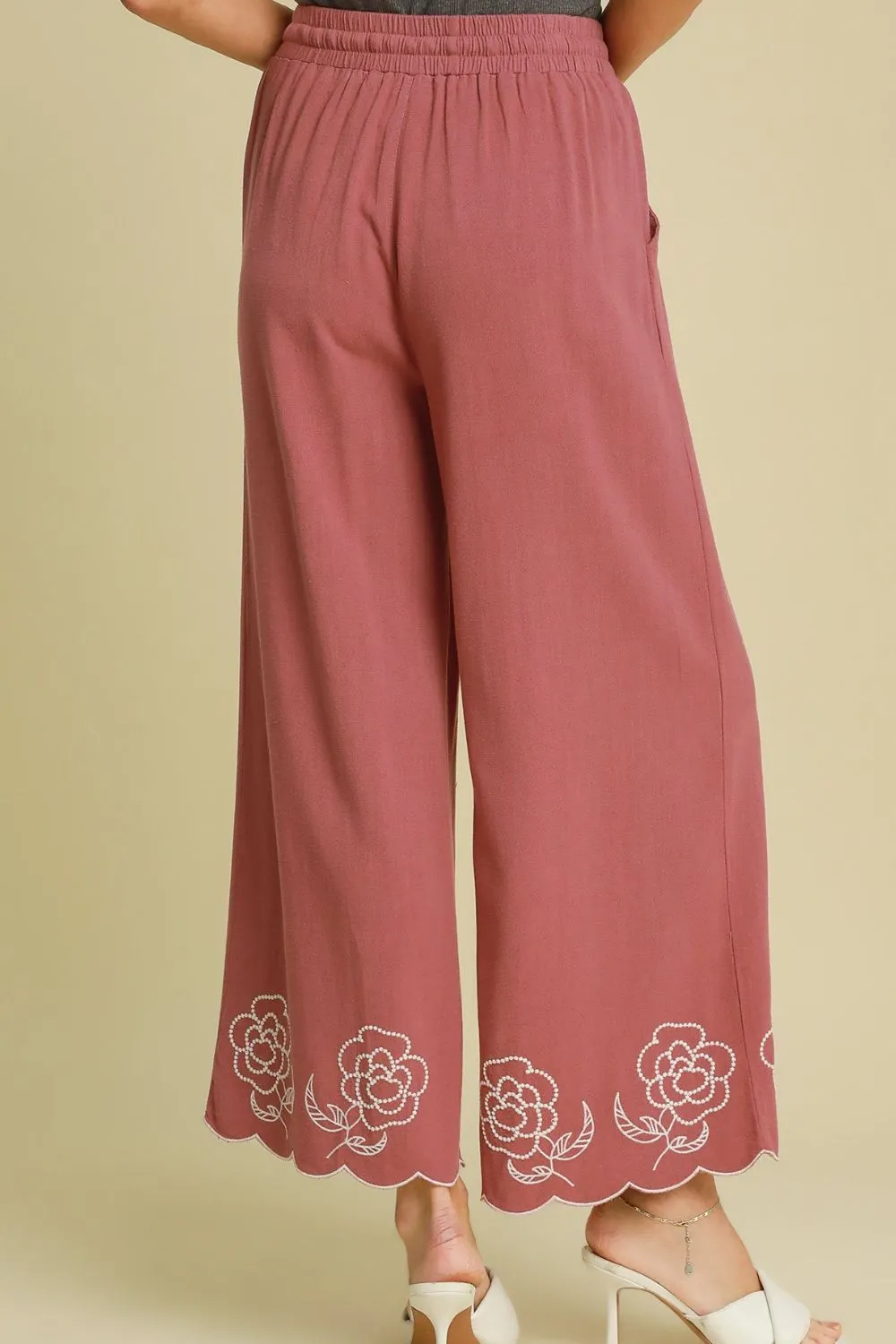 Rose Linen Blend Wide Leg Pants with Scalloped Embroidered Hem