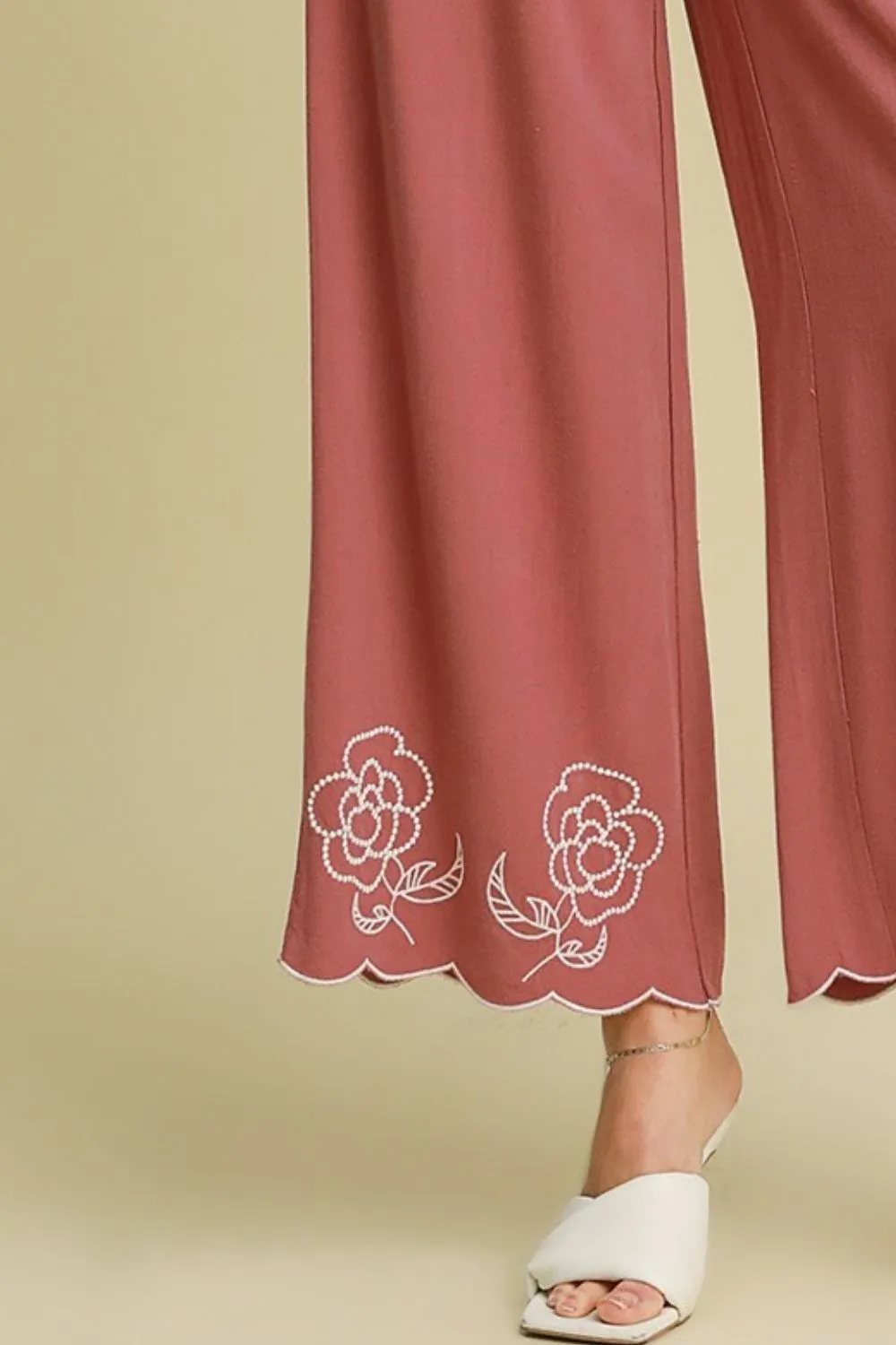 Rose Linen Blend Wide Leg Pants with Scalloped Embroidered Hem