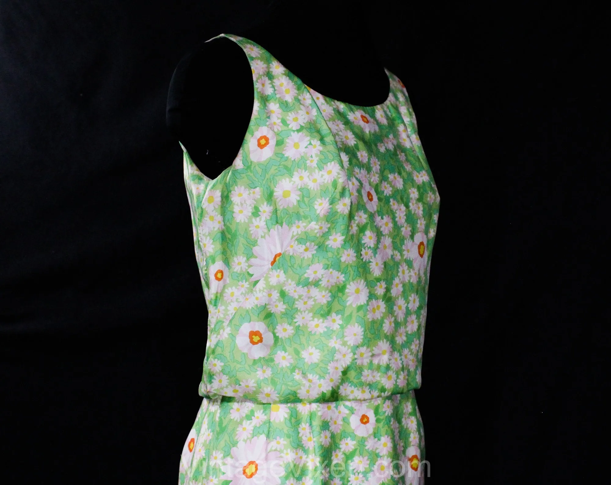 Size 4 Sun Dress - 1960s Spring Green Floral Silk Summer Blouson - Pretty Pink Daisy Floral Sleeveless - Late 50s Early 60s Small - Waist 25