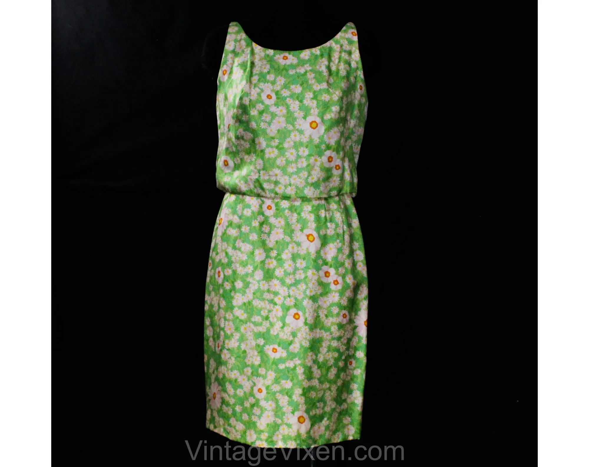 Size 4 Sun Dress - 1960s Spring Green Floral Silk Summer Blouson - Pretty Pink Daisy Floral Sleeveless - Late 50s Early 60s Small - Waist 25