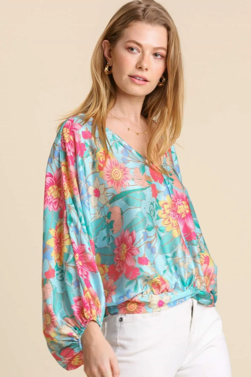 Turquoise Floral Print Smocked Hem V-Neck Blouse